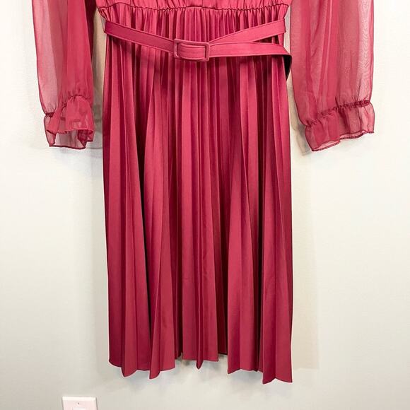 Montgomery Ward Maroon Sheer Ruffled Belted Button Pleated Midi Dress Size L/XL - Picture 6 of 9